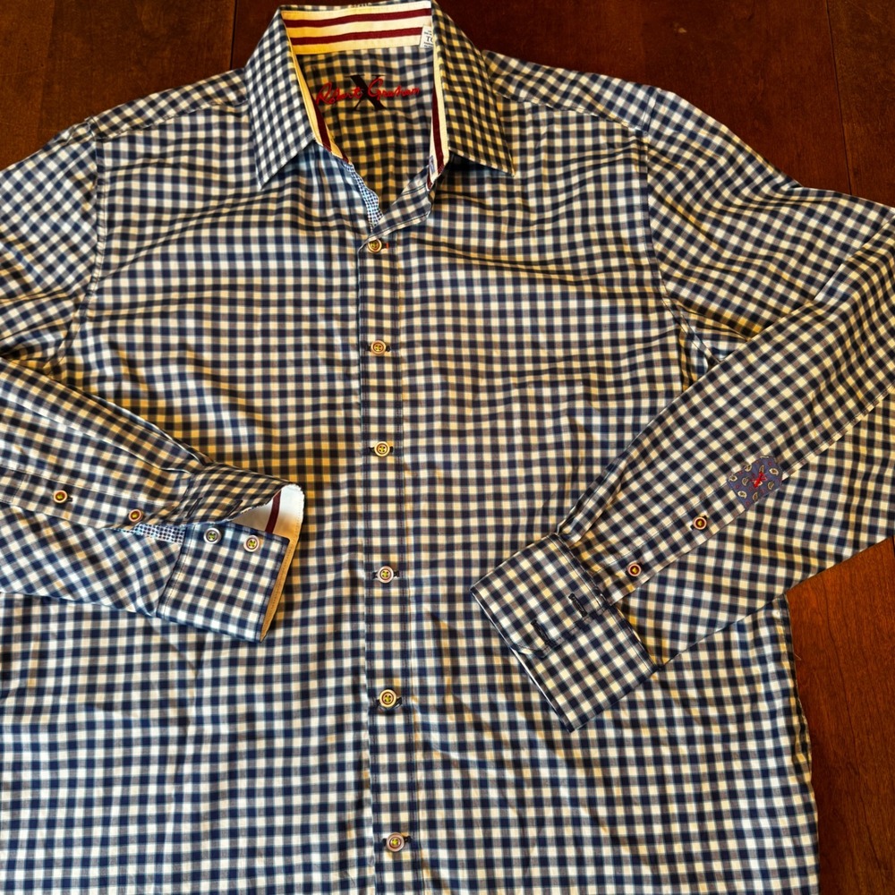 Robert Graham Shirt Mens XL Blue White Gingham Tailored Fit Long Sleeve ButtonUp
